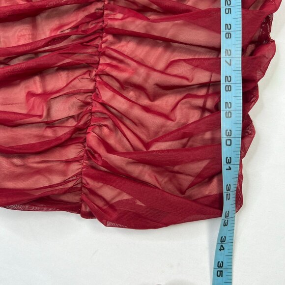 House of CB London Fifi Dress Sheer Ruched Mini Off Shoulder Red Wine Medium - Picture 10 of 16